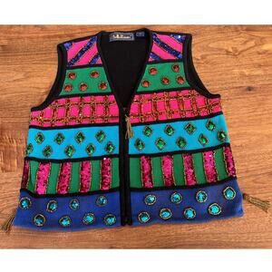 BellePointe Beaded Sequin Vest Women’s Small Multicolor Ramie Cotton Vintage 90s